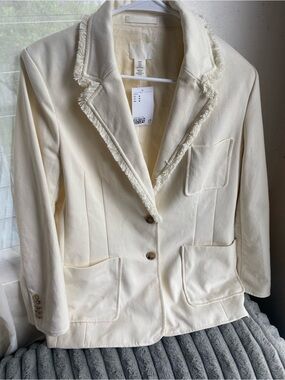 H&M Cream Frayed-Trim Blazer Jacket